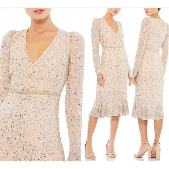MAC DUGGAL SEQUIN DRESS WITH EMBELISHED HEMLINE NUDE SILVER SZ 10 10740 - Picture 1 of 6